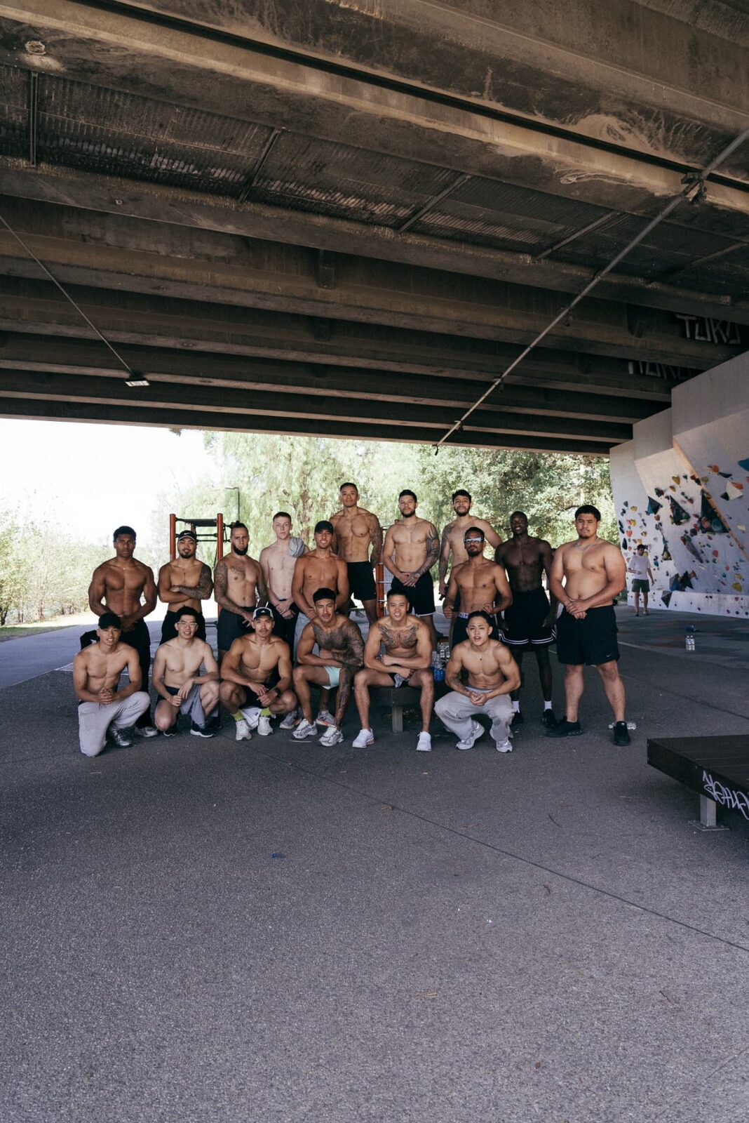 Flowstate brotherhood members after an outdoor calisthenics session