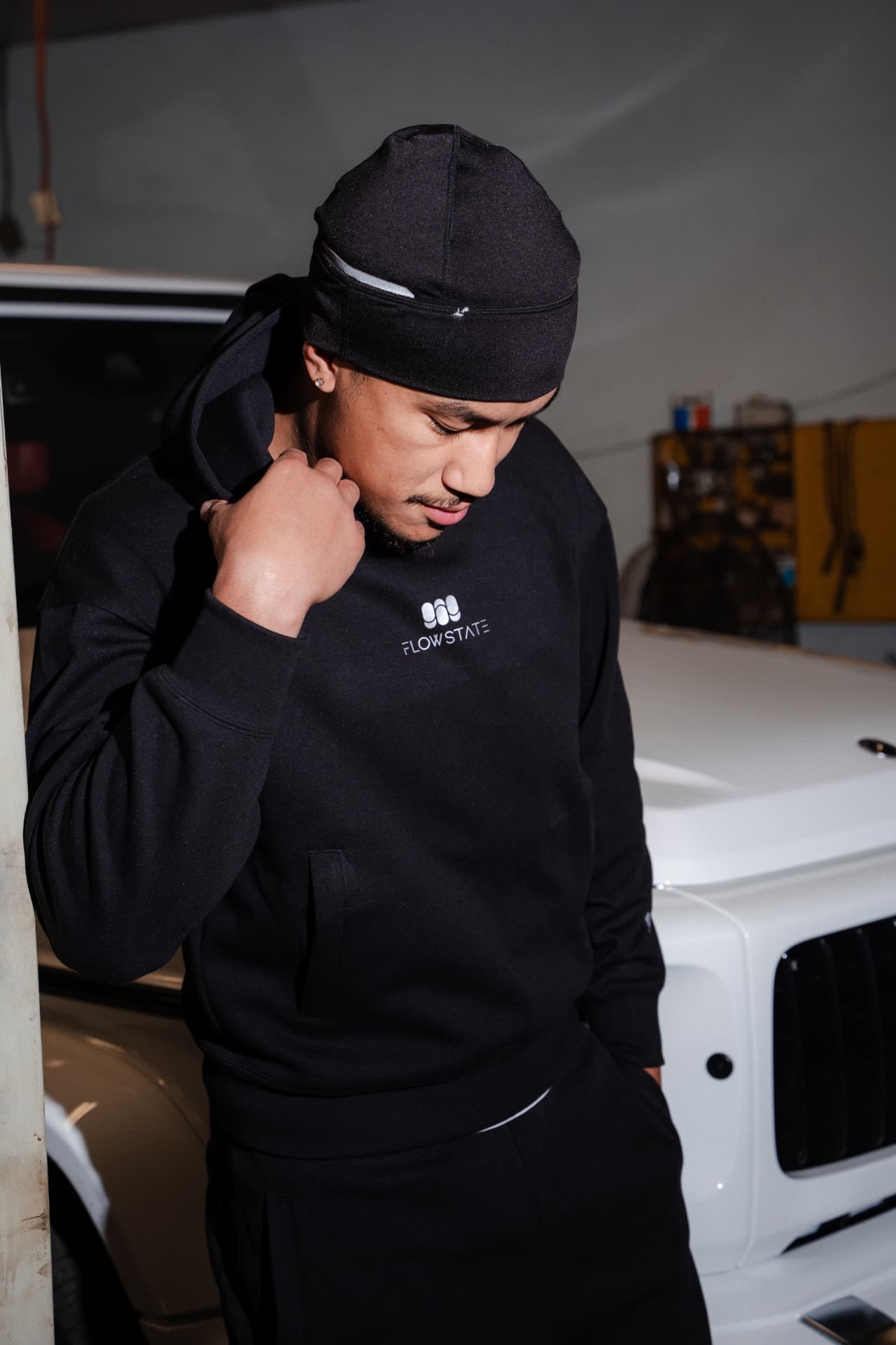 Flowstate hooded sweatshirt and beanie, garage campaign